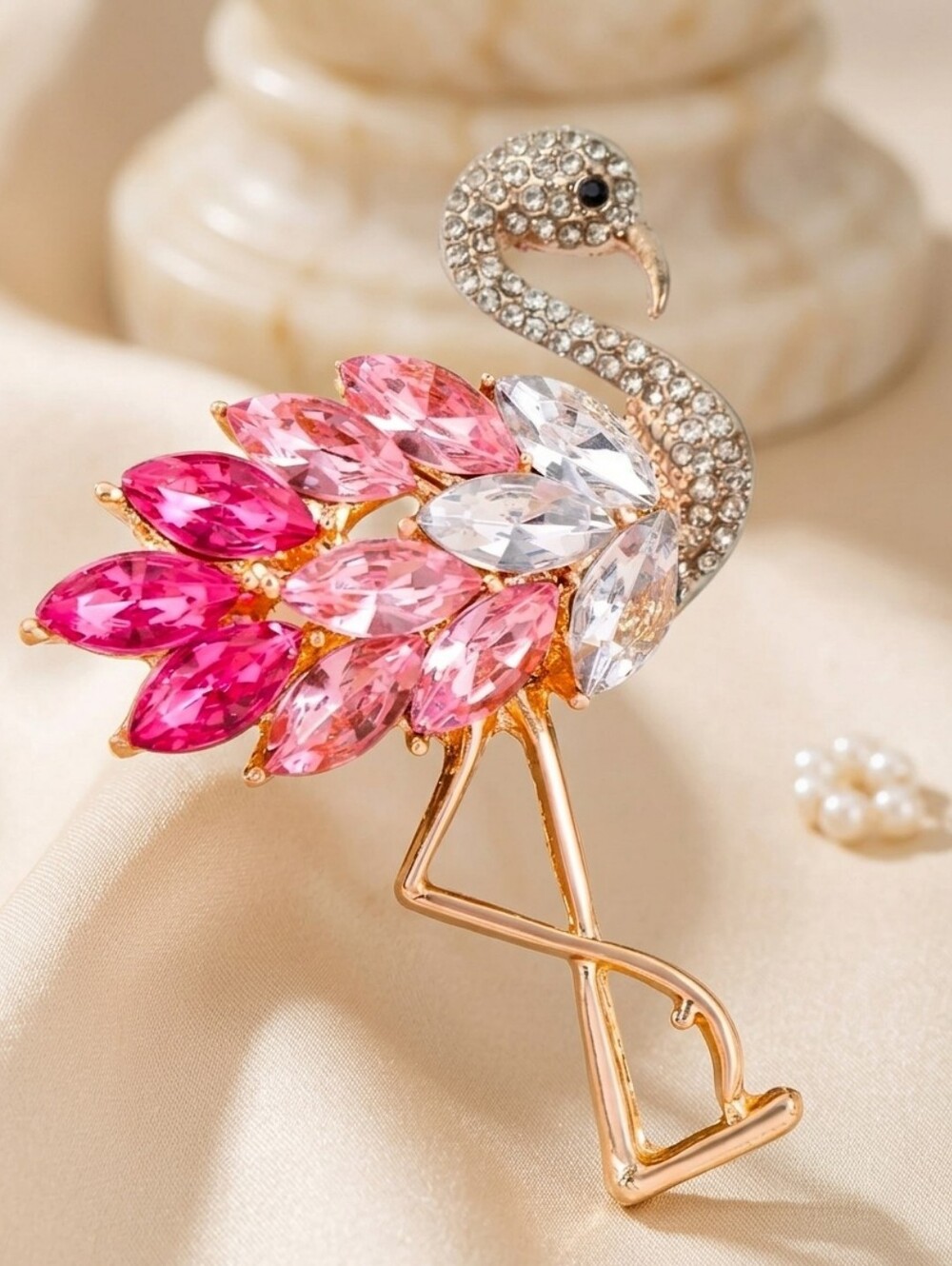 Pink Crystal Rhinestone Flamingo Brooch Pin Gold Tone